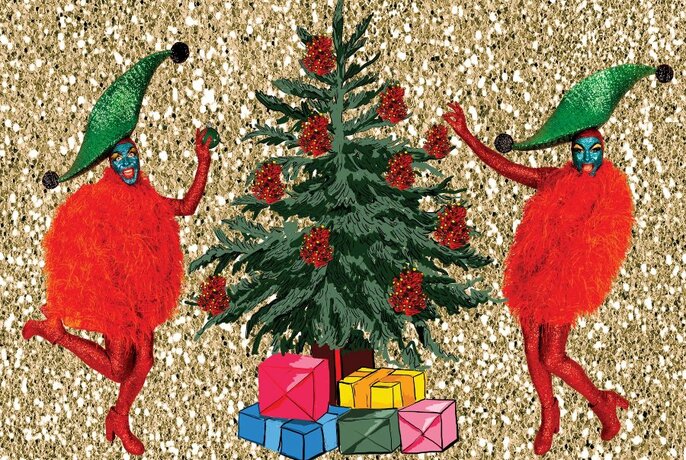 Gold glitter background with pom-pom Christmas people gathered around a tree with gifts.