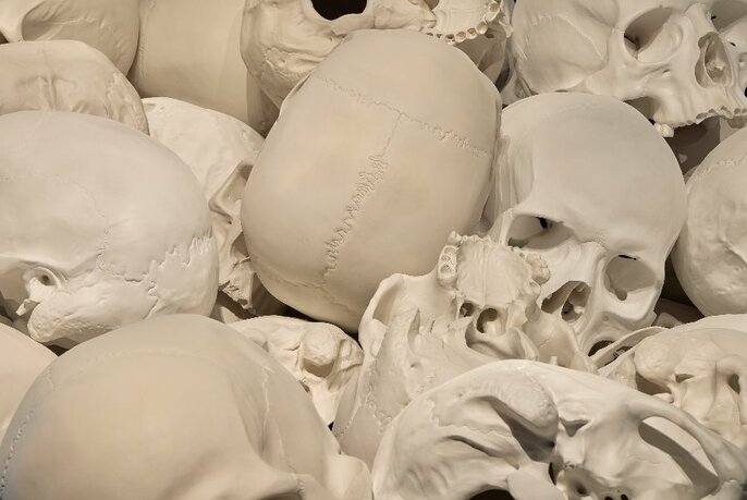 Close up of white resin casts of oversized human skulls arranged in close proximity.