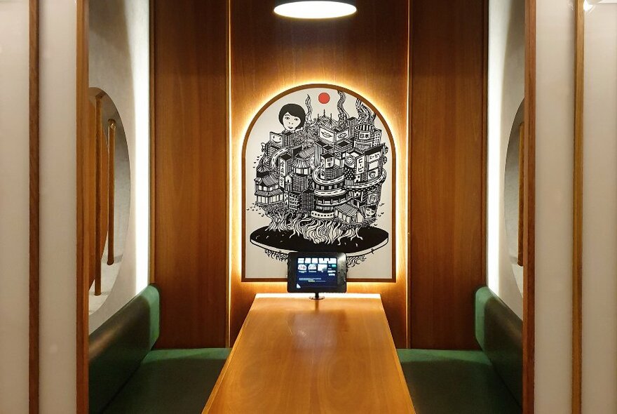 A restaurant booth with an arched artwork and tablet menu. 
