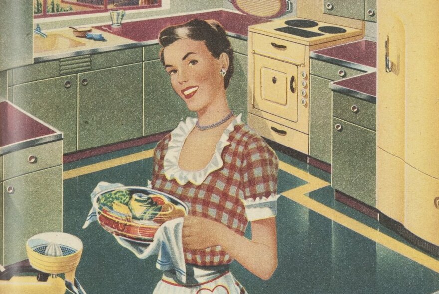 Cartoon stylised drawing of a 1950s kitchen with a woman in a gingham frock carrying a hot food container using a tea towel. 