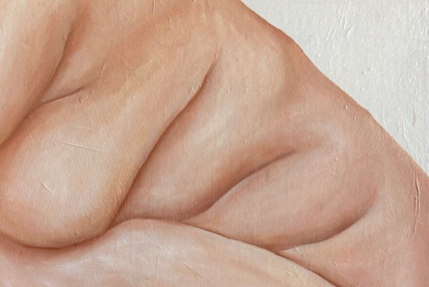 Detail of an artwork of a fleshy body with folds of layered flesh.