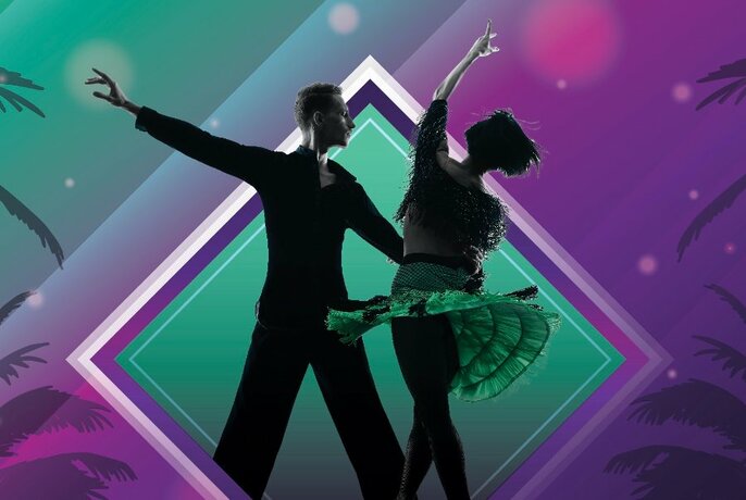 Silhouette of two dancers against a green and purple background.