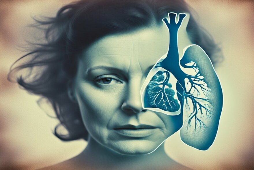 Digital image of a woman's face with an anatomical drawing of a lung covering one eye.