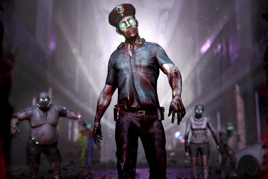 Zombie-like characters with glowing green eyes in a VR game.
