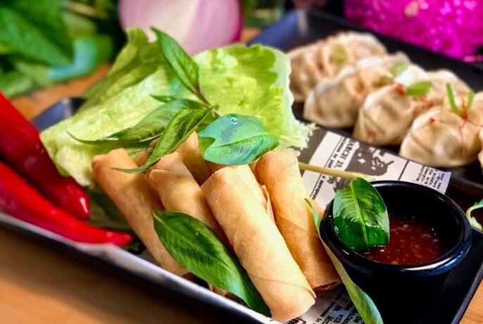 Plates of spring rolls and dumplings, garnished with herbs, lettuce and chilli.