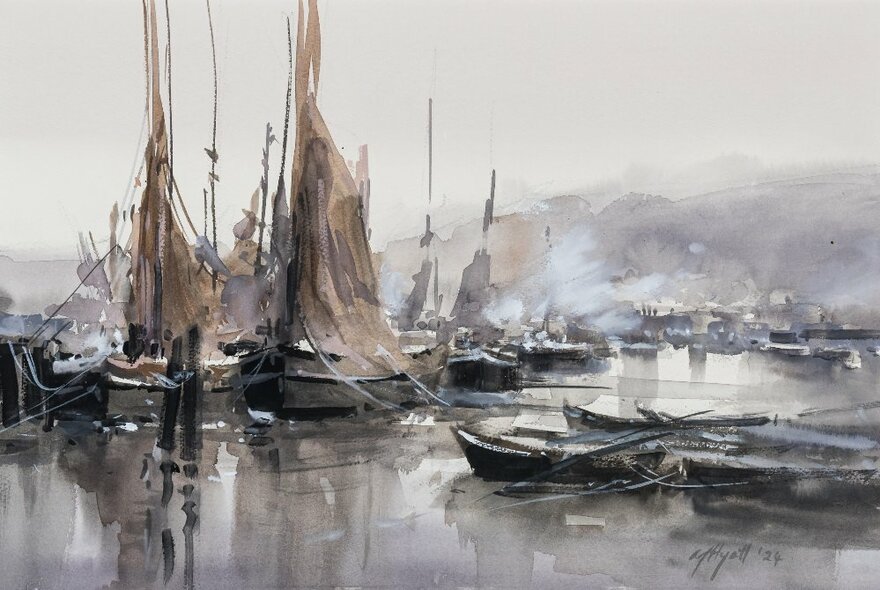 Watercolour painting of boats with unfurled masts next to rowing boats on a misty waterway.