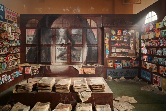 Art installation of a newsagency with the mural of a face painted on the wall, strewn newspapers and tattered displays.