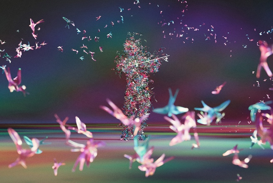 A colourful representation of a violinist on stage, made up enirely of blue and pink swallow birds.