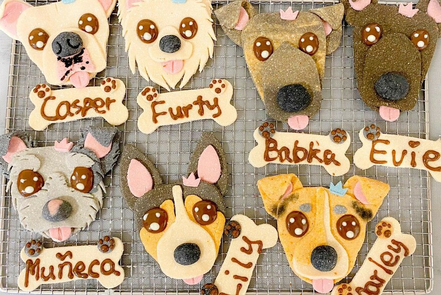 Decorated dog-shaped cookies with names iced on bone-shaped cookies, on a wire rack.