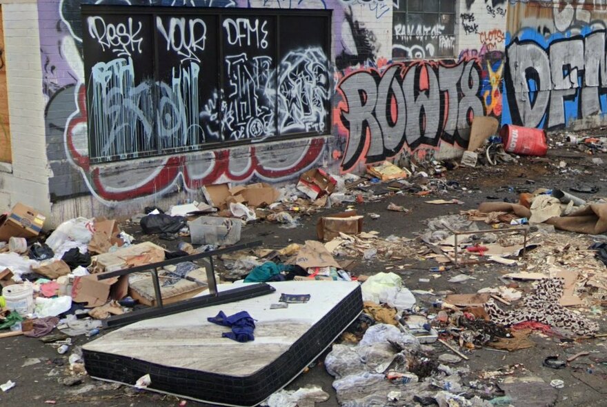 A street and wall littered with graffiti and trash.