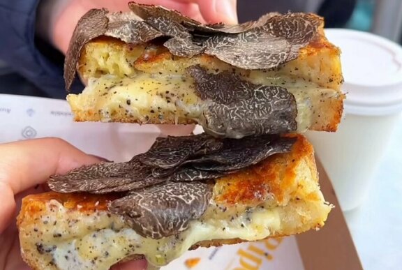 A toasted cheese sandwich with sliced truffle on top.