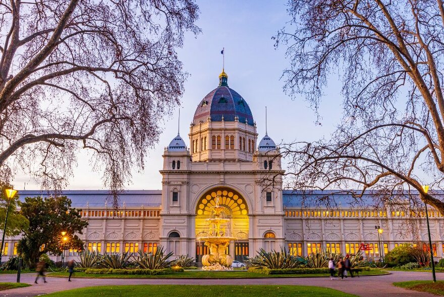 The outside of the Royal Exhibition Building at dusk