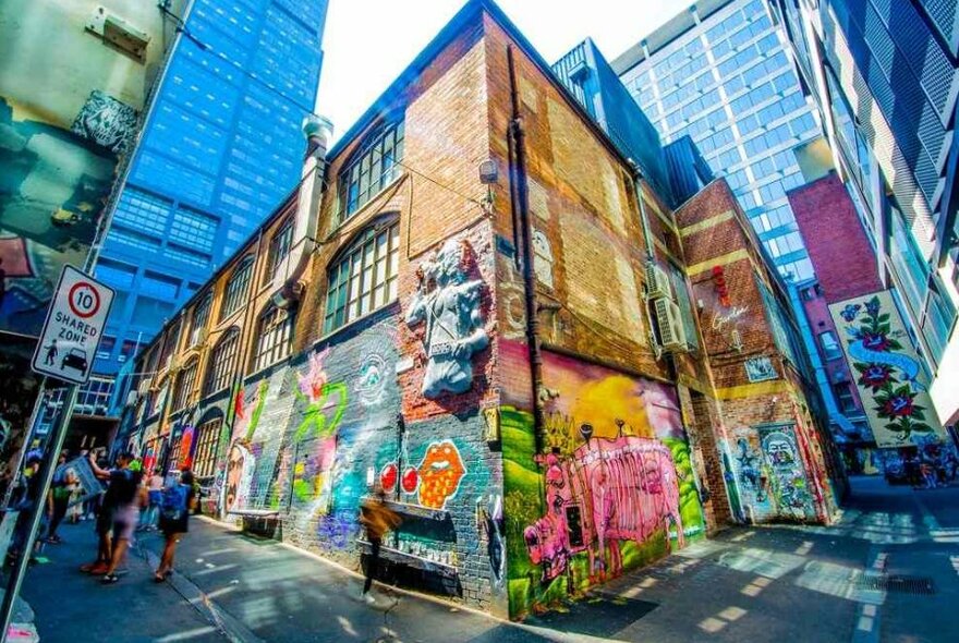 The corner of a laneway with street art on it