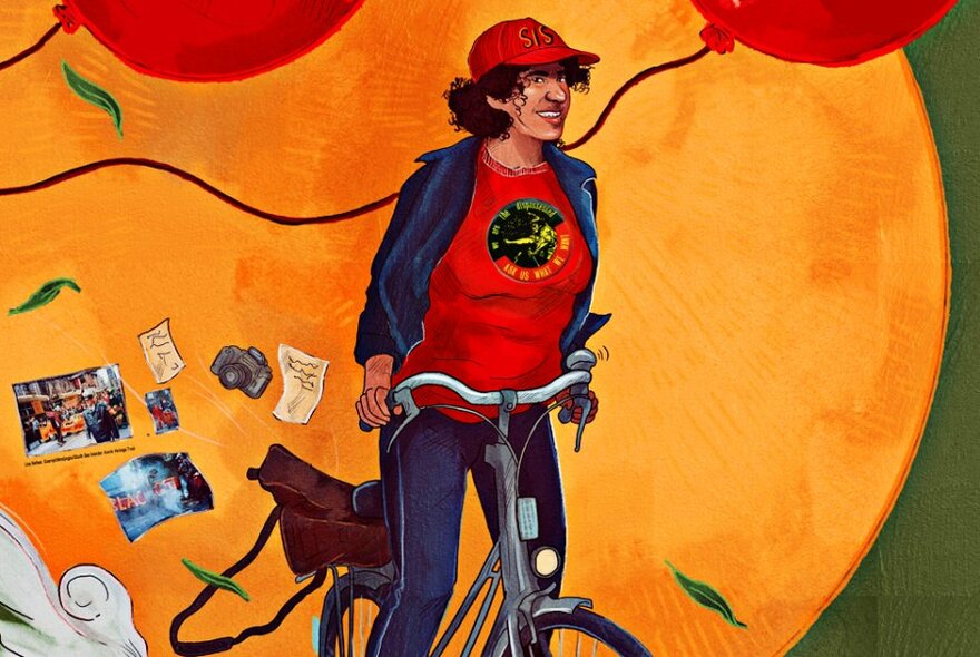 Painting of a person riding a bicycle against a yellow background.