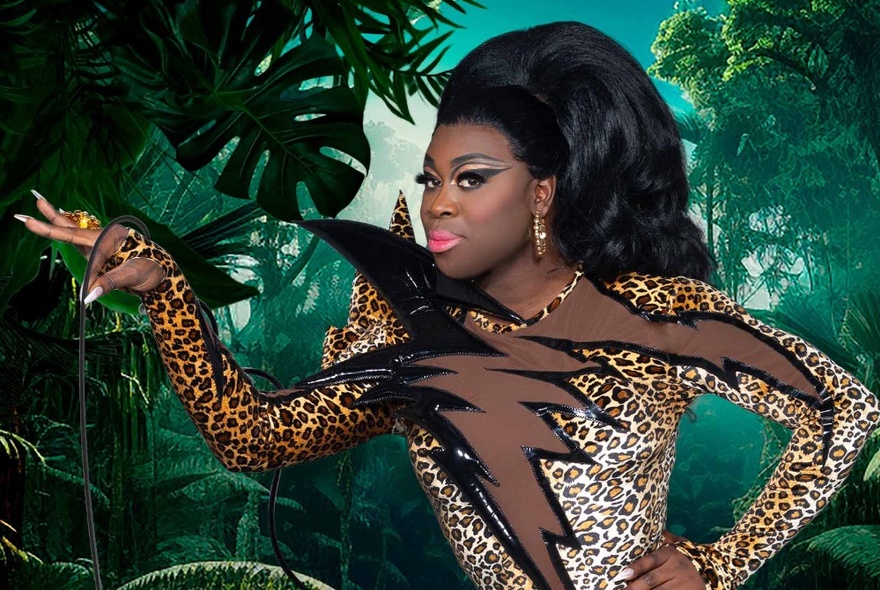 A glamorous looking drag queen in a jungle setting wearing leopard print with high black hair. 