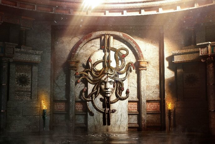3D simulated Medusa face on large entrance.