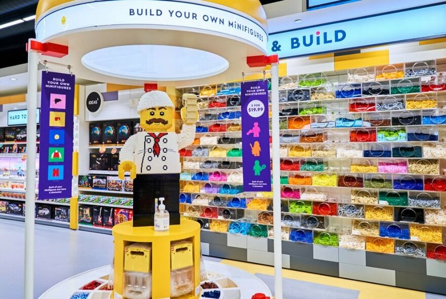 Lego store interior with walls lined with tiles behind a waving Lego sculpture.