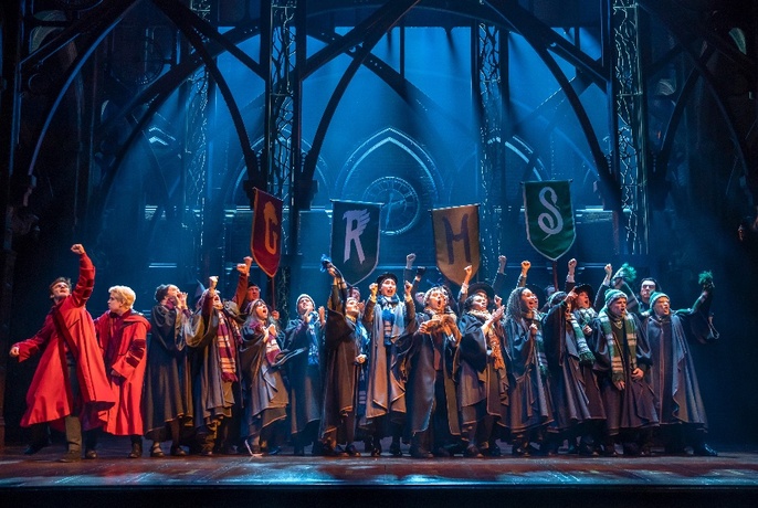 The Harry Potter cast grouped on stage with school banners.