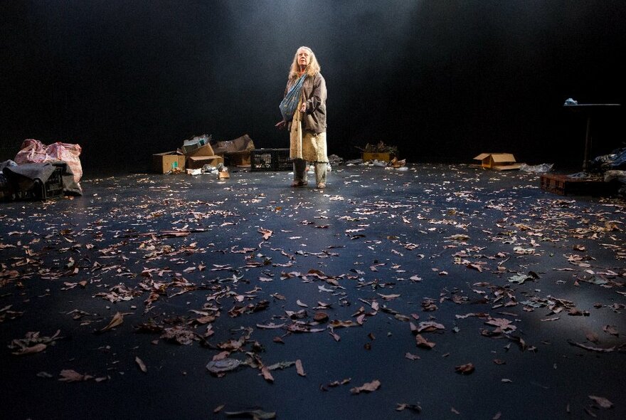 Actor Noni Hazelhurst on stage with leaves and mess strewn around her. 