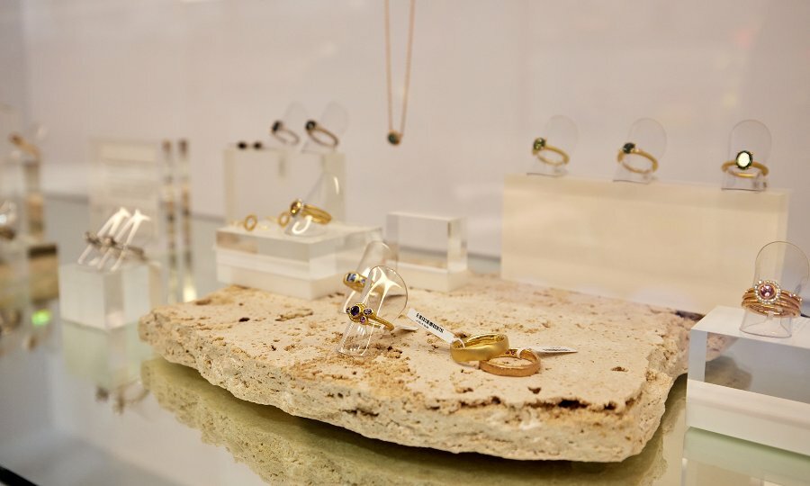 A ring display in a jewellery shop.