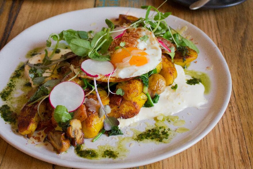 White plate with fried egg, radish, greenery on a bed of orange gnocchi and pesto scattered around the plate.