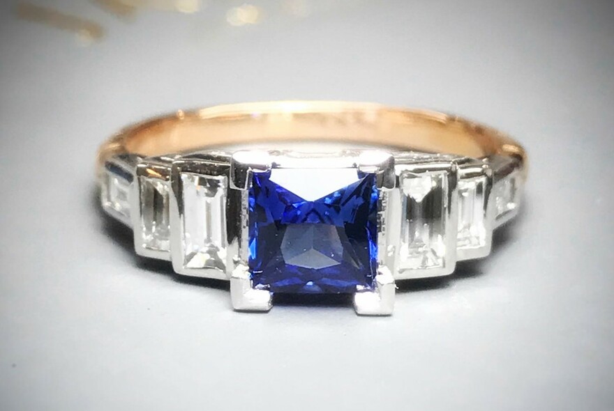 Sapphire and diamond deco-style ring.