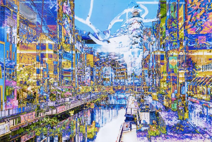 Painting of a city scene, with a central canal and walkways and buildings on either side, all slightly distorted and pixelated.