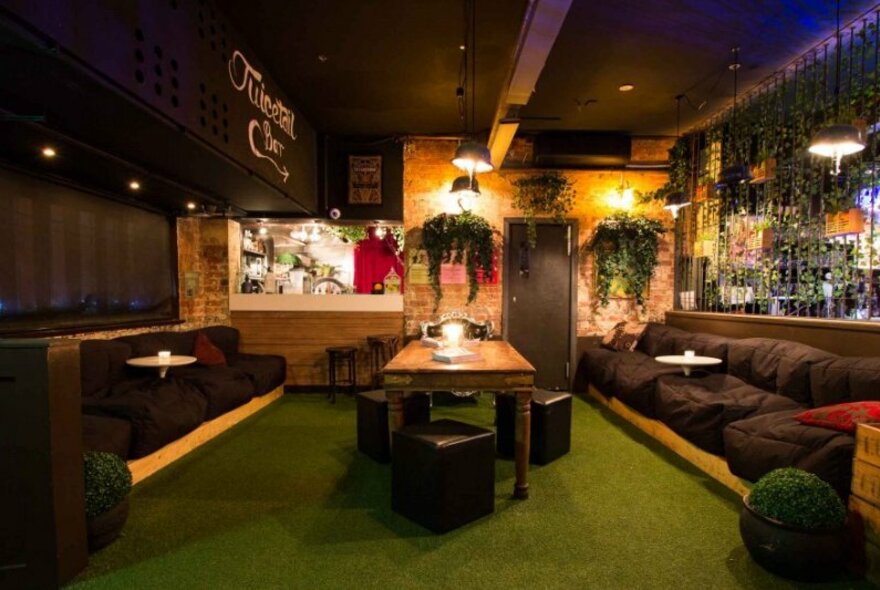 Interior of Pulp nightclub lounge area with green carpet, sofas, hanging plants and a bar.