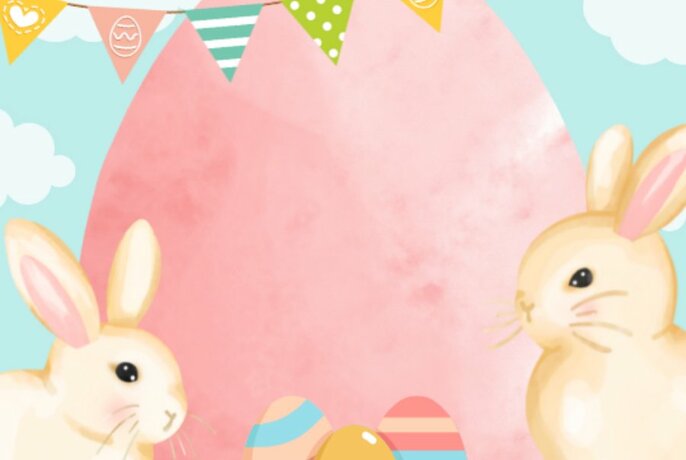 Pastel-coloured drawing of two rabbits and patterned Easter eggs.