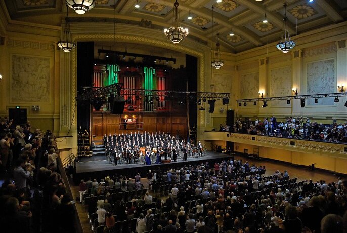 The Melbourne Town Hall main chamber packed with an audience watching the annual performance of Handel's Messiah.