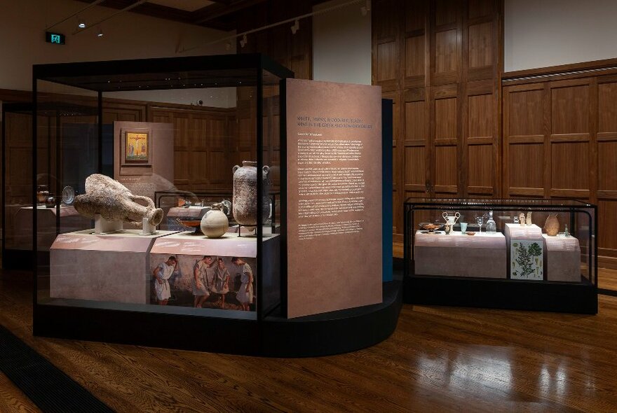 Exhibition space with some wood-panelled walls; one large display cabinet to left, smaller one to right.