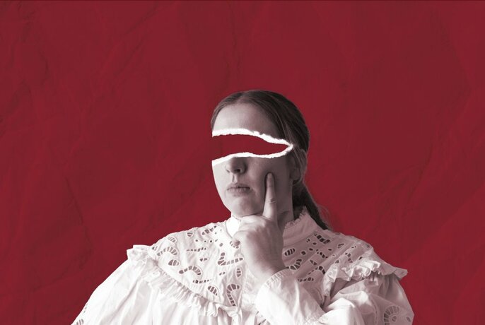 Performer with her finger resting on her cheek, as if pondering, her eyes blanked out against a red backdrop.