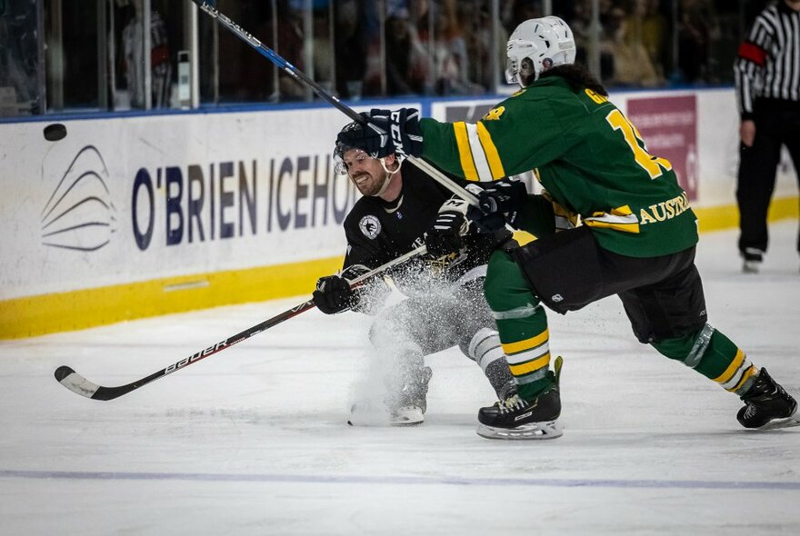 Two ice hockey players battling for the puck in an ice arena.