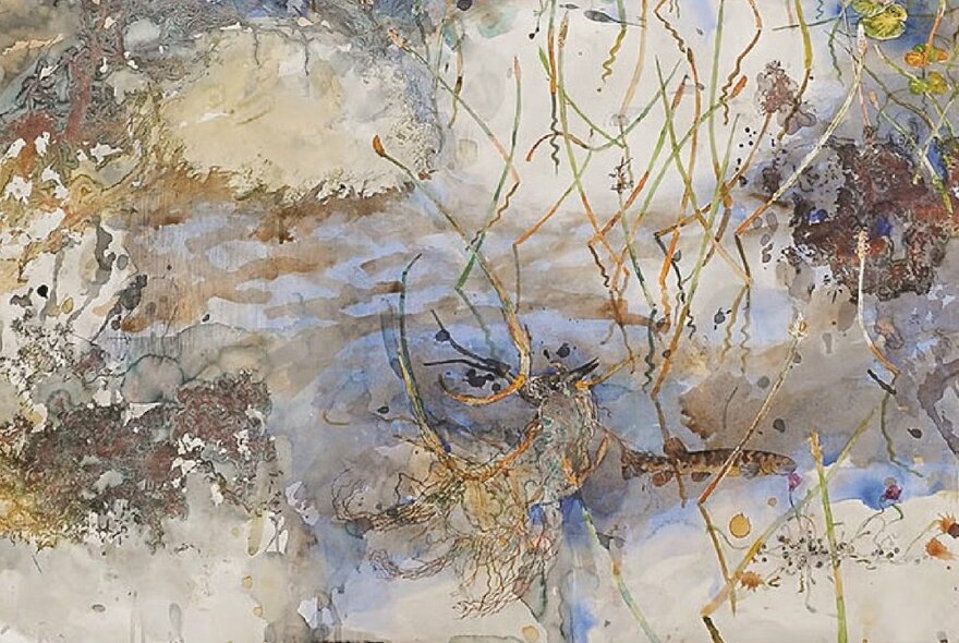 Abstract painting of twigs, leaves and clouds in shades of tan, light grey and blues.