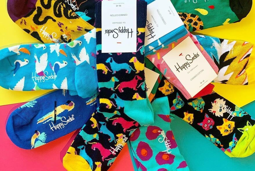 Brightly-coloured socks with various patterns.