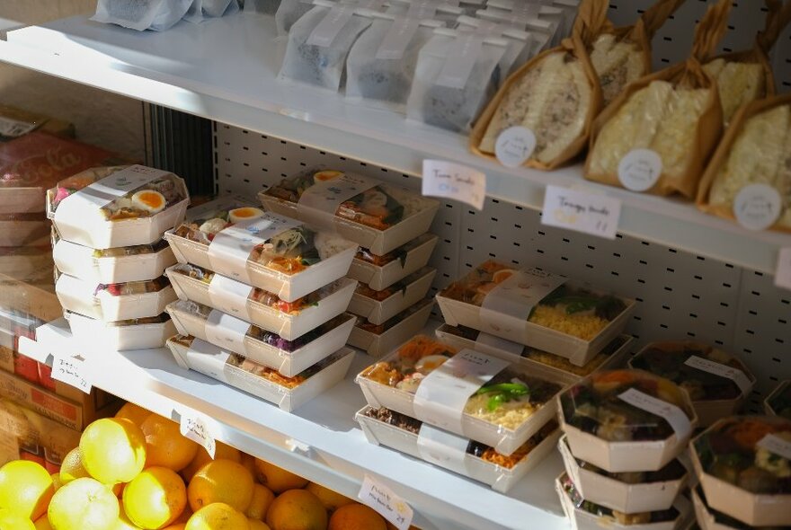 Fridge or pantry shelves with sandwiches and meal boxes, oranges at bottom.