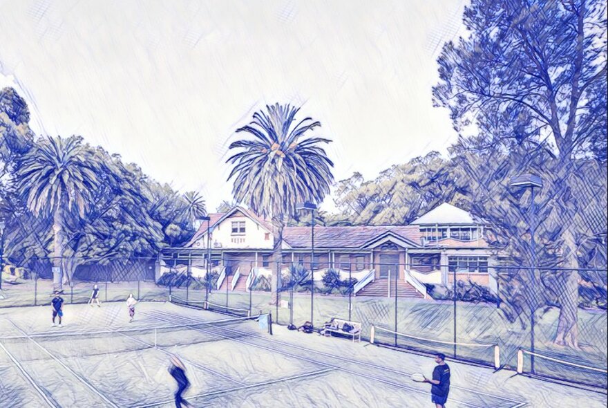 Pencil drawing of clubrooms and a cafe in the background with people playing tennis on a court in the foreground.
