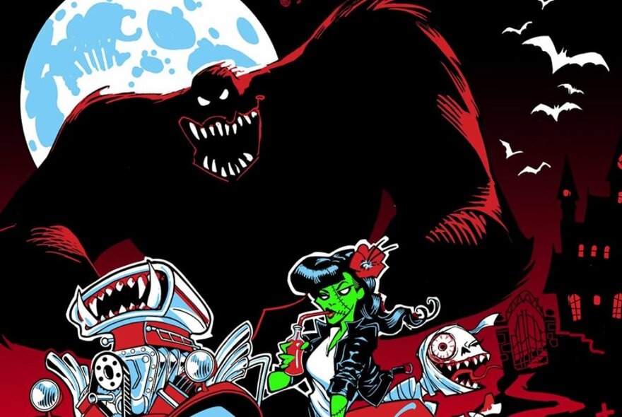 Graphic cartoon like illustration of a large black and red beast with sharp pointed teeth, and other ghoulish and scary caricatures in the foreground.