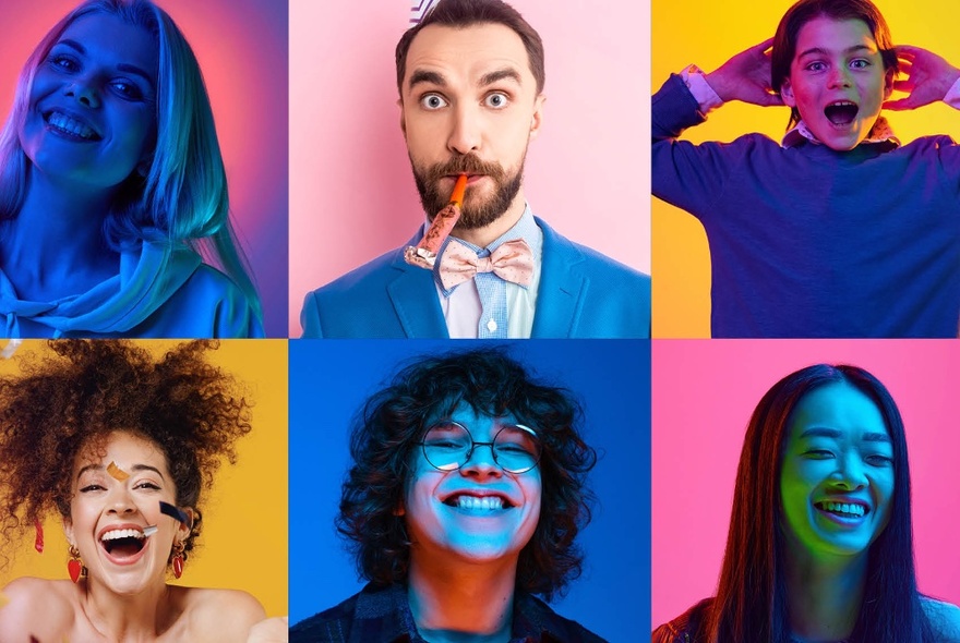 Six portraits of people smiling and laughing in bold colours, laid out in a grid.