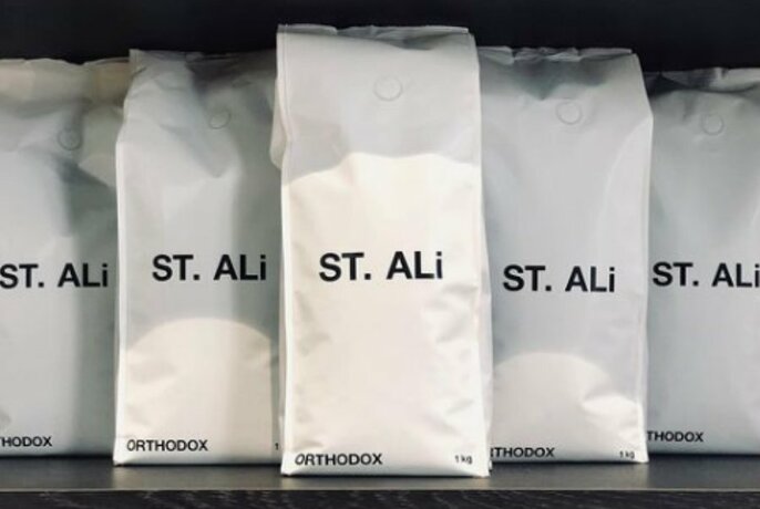 Five white bags of St Ali coffee beans