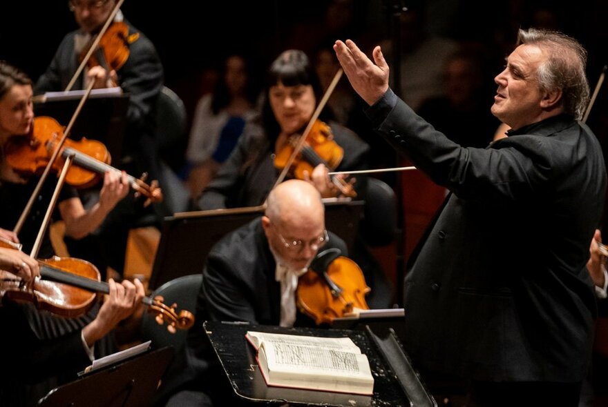A conductor conducts a symphony orchestra.