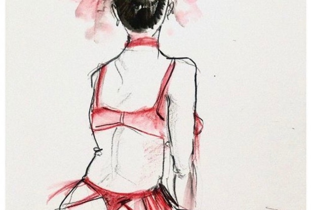 A sketch of the back of a person in red underwear.