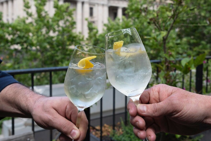 Two hands clinking gin cocktails.