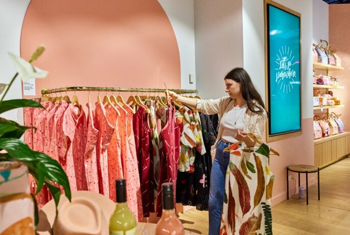 A shopper looking at colourful clothing.