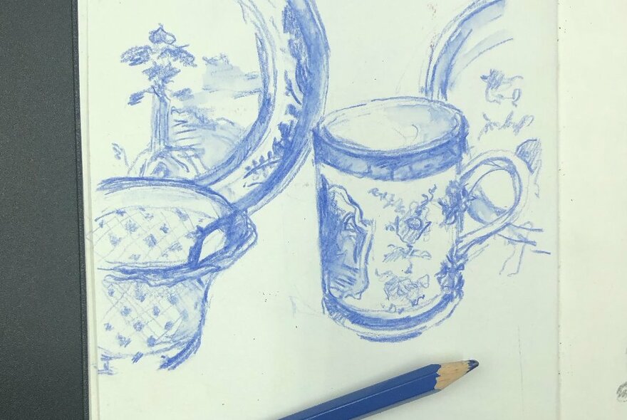A sketch of Wedgewood china on white paper with a blue pencil.