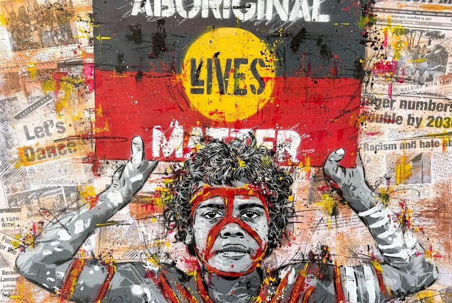 Street artist artwork of an Indigenous child holding a Black Lives Matter poster against newsprint.