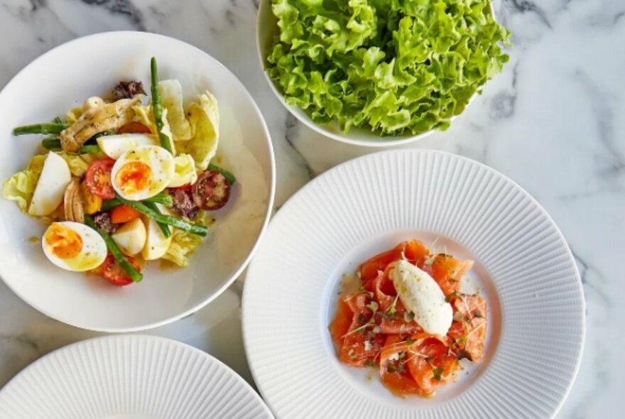French dishes including salade noicoise, lettuce and salmon.