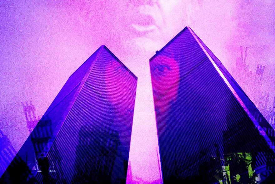 New York's twin towers in purple with Trump's face superimposed above.