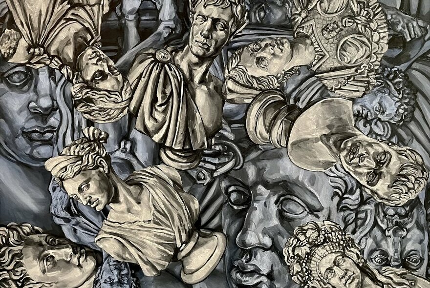 Monochromatic oil painting of many classical Roman busts and statues crowded together in a giant collage formation.