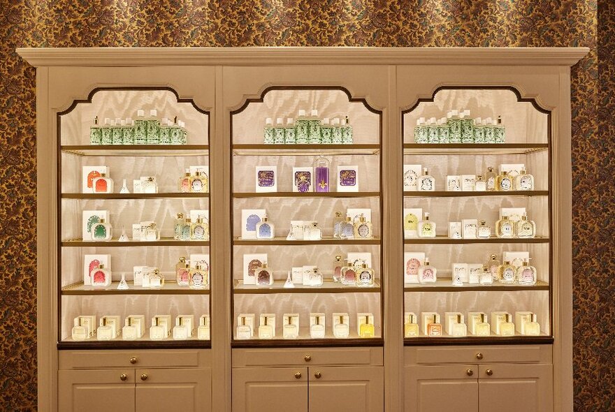 Illuminated ornate cabinet filled with bottles and toiletries. 